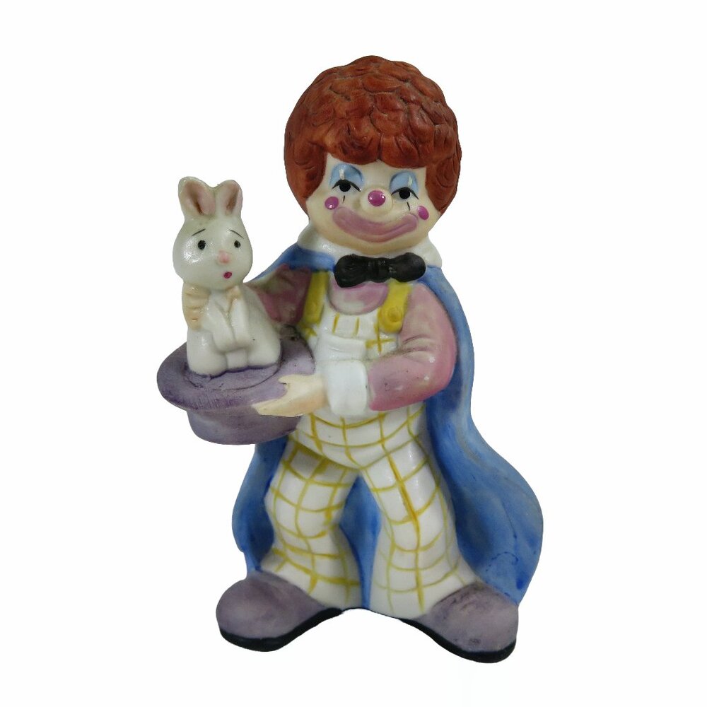 RARE Vintage 1985 ENESCO 4.5" Smiling Ginger Clown Holding Worried Bunny Rabbit